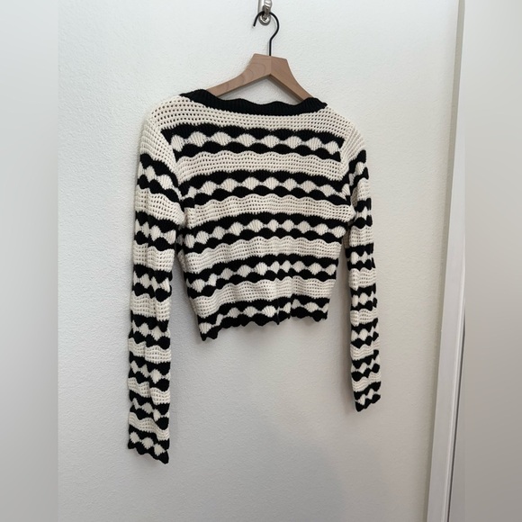 Lulus Stylish Bliss Ivory and Black Striped Crochet Cardigan Medium - Picture 4 of 8